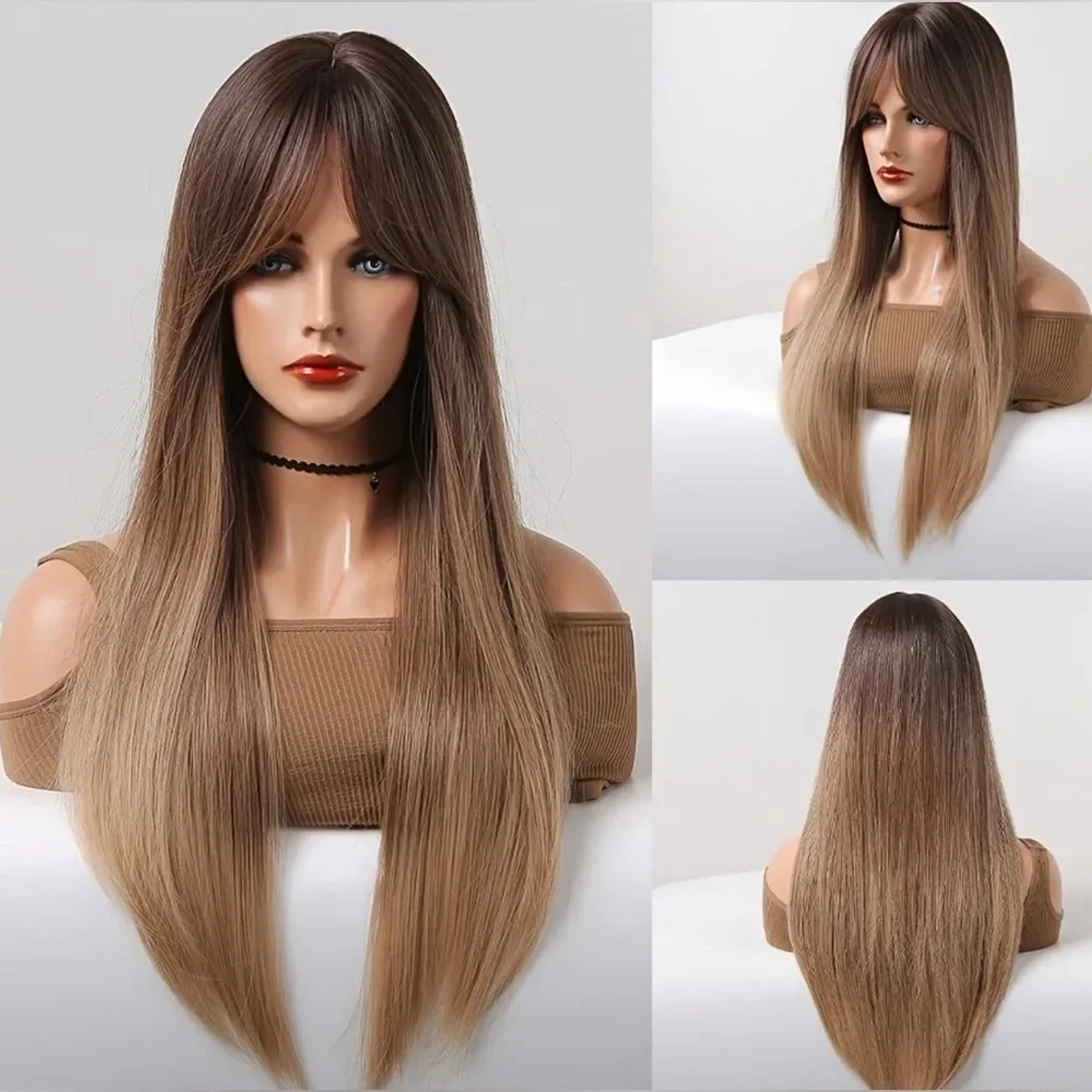 34 Inch balayage Brown & Ash Light Blonde Straig Long Wig with Open Sid…